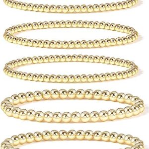 BUREI Gold Bead Bracelets for Women Stackable Gold Bead Bracelet for Women Dainty Elastic Stretch Gold Bracelets for Girls Gift (Gold Bead 5PCS)