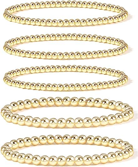 BUREI Gold Bead Bracelets for Women Stackable Gold Bead Bracelet for Women Dainty Elastic Stretch Gold Bracelets for Girls Gift (Gold Bead 5PCS)