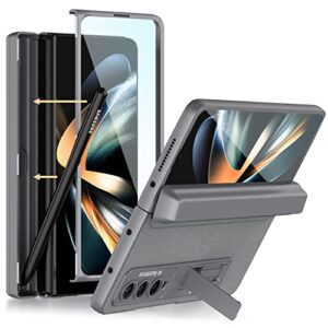 miimall compatible with fold 4 case with pen holder, galaxy z fold 4 case hinge protection tempered glass screen protector pu leather adjustable kickstand case for z fold 4 (grey)