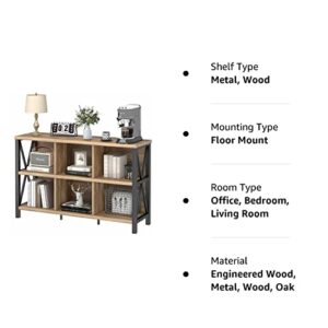 FATORRI 6 Cube Storage Organizer with Shelf, Long Wood and Metal Cubby Bookcase, Industrial Horizontal Bookshelf (Rustic Oak, 47 Inch)