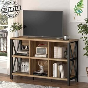 FATORRI 6 Cube Storage Organizer with Shelf, Long Wood and Metal Cubby Bookcase, Industrial Horizontal Bookshelf (Rustic Oak, 47 Inch)