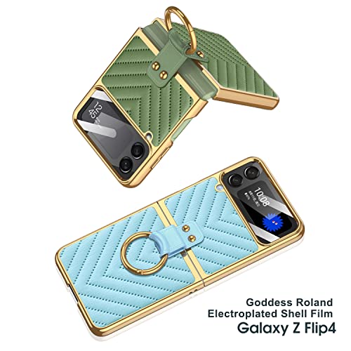 BAILI Samsung Galaxy Z Flip4 Leather Case with Finger Ring Holder Built-in Camera Cover & Screen Protector Samsung Z Flip4 Cover V Shape Pattern Design Leather Case for Z Flip 4 5G-Black