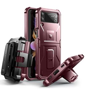 dexnor shockproof case for samsung galaxy z flip 3 5g,rugged bumper protective case with foldable kickstand, holster cover with 360°rotatable belt clip,maroon red