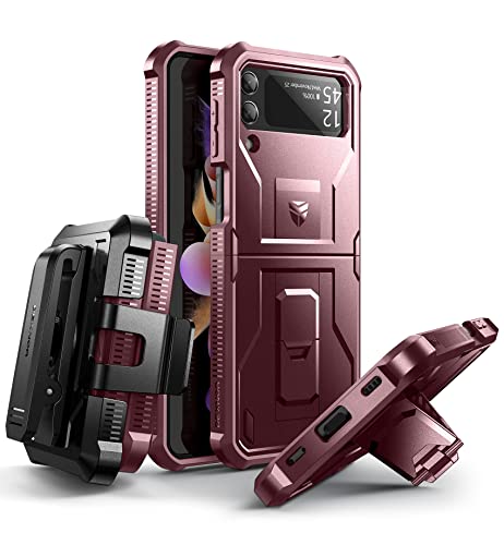 Dexnor Shockproof Case for Samsung Galaxy Z Flip 3 5G,Rugged Bumper Protective Case with Foldable Kickstand, Holster Cover with 360°Rotatable Belt Clip,Maroon Red