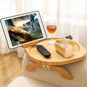 sinwant sofa arm clip on tray table,bamboo sofa armrest tray with 360° rotating phone holder,couch arm table tray for arm, sofa tables for drinks eating snacks table