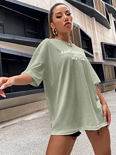 Cozyease Women's Letter Print Oversized Short Sleeve Round Neck Casual T Shirt Top Mint Green M