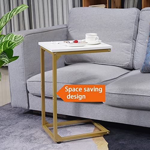 AMHANCIBLE C Shaped Side Table Set of 2, Couch Tables End Table That Slide Under, for Small Space, TV Trays for Living Room, Bedroom, Metal Frame, Acent Golden White HET02GWT