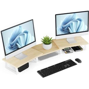 desk dual monitor stand riser - computer stand for desktop monitor, desk shelf for monitor, wood monitor stand with adjustable length and angle, desktop organizer, large monitor stand for laptop(oak)