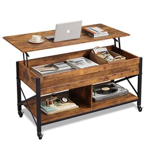 wlive lift top coffee table for living room,coffee table with storage,hidden compartment and metal frame, central table with 4 casters for reception room,rustic brown.