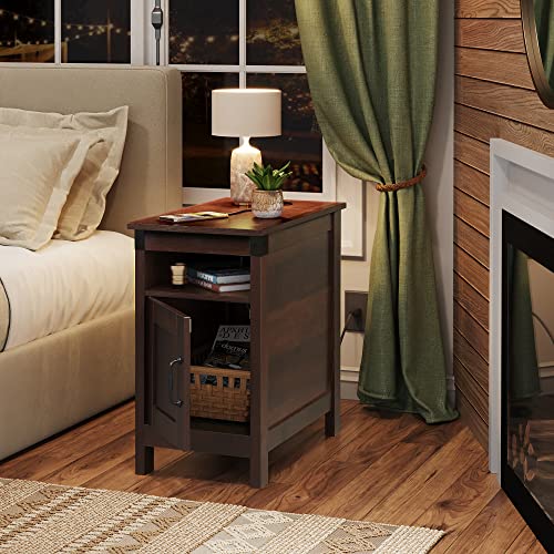 WLIVE End Table with Charging Station, Side Table with USB Ports and Outlets, Narrow Side Table for Small Spaces, Living Room, Couch, Nightstand with Storage, Espresso