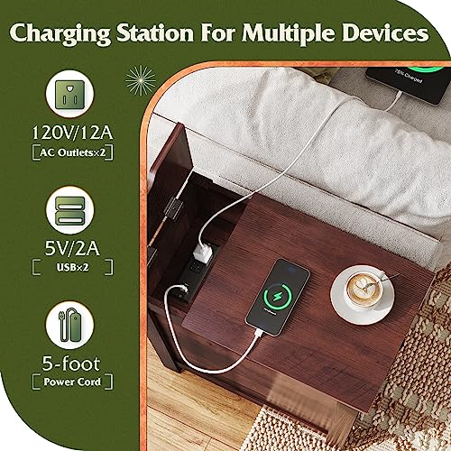 WLIVE End Table with Charging Station, Side Table with USB Ports and Outlets, Narrow Side Table for Small Spaces, Living Room, Couch, Nightstand with Storage, Espresso