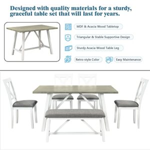 Merax 6 Piece Kitchen Dining Table Set, Wooden Rectangular Dining Table with Bench and 4 Chairs, Polyester Fabric, Rustic Style, Kitchen Furniture Set for 6 People, White+Gray