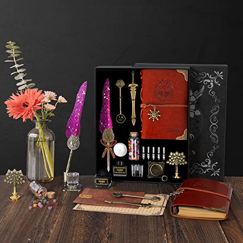 TIANREN Quill Pen and Ink Set,Antique Feather Dip Pen,Antique Calligraphy Pen with 5 Replaceable Nibs,Wax Seal Stamp kit,Wax Beads & Leather Writing Notebook Gift for Men&Women.(PurpleRed)