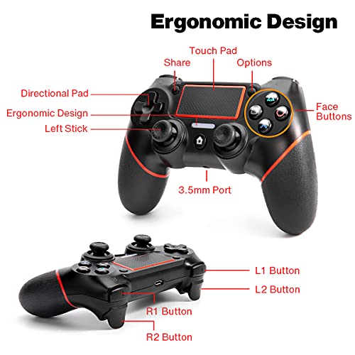 VidPPluing Wireless Controller for PS4/Pro/Slim Consoles, Game Remote Controller with 6-Axis Motion Sensor/Audio Function/Charging Cable-Red