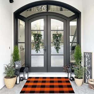 seeksee cotton buffalo plaid rug 27.5"x43" orange and black hand woven checked rug washable doormats indoor outdoor rugs for layered front door mats, porch, kitchen, farmhouse, entryway