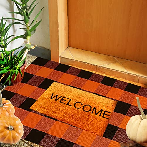 SEEKSEE Cotton Buffalo Plaid Rug 27.5"x43" Orange and Black Hand Woven Checked Rug Washable Doormats Indoor Outdoor Rugs for Layered Front Door Mats, Porch, Kitchen, Farmhouse, Entryway