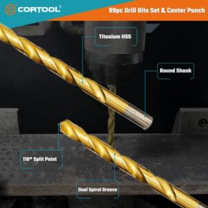 CORTOOL 99PCS HSS Titanium Drill Bit Set, 135 Degree Split Point HSS Drill Bits Kit with Storage Case for Steel, Aluminum, Copper, Soft Alloy Steel, Wood, Plastic Size from 1/16" to 3/8"