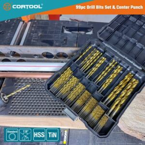 CORTOOL 99PCS HSS Titanium Drill Bit Set, 135 Degree Split Point HSS Drill Bits Kit with Storage Case for Steel, Aluminum, Copper, Soft Alloy Steel, Wood, Plastic Size from 1/16" to 3/8"