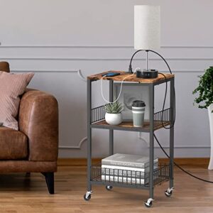 NORCEESAN End Table with Charging Station 3-Tier Side Table with USB Ports and Outlets Nightstand with Wheels Bedside Table with Storage Shelves for Bedroom, Living Room, Rustic Brown