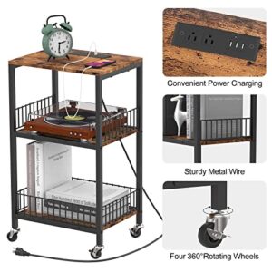 NORCEESAN End Table with Charging Station 3-Tier Side Table with USB Ports and Outlets Nightstand with Wheels Bedside Table with Storage Shelves for Bedroom, Living Room, Rustic Brown