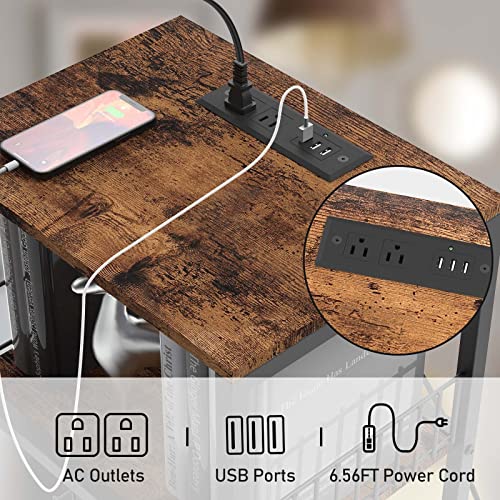 NORCEESAN End Table with Charging Station 3-Tier Side Table with USB Ports and Outlets Nightstand with Wheels Bedside Table with Storage Shelves for Bedroom, Living Room, Rustic Brown