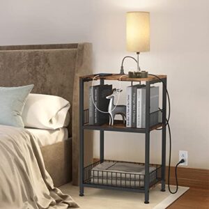 NORCEESAN End Table with Charging Station 3-Tier Side Table with USB Ports and Outlets Nightstand with Wheels Bedside Table with Storage Shelves for Bedroom, Living Room, Rustic Brown