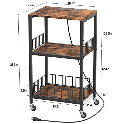 NORCEESAN End Table with Charging Station 3-Tier Side Table with USB Ports and Outlets Nightstand with Wheels Bedside Table with Storage Shelves for Bedroom, Living Room, Rustic Brown