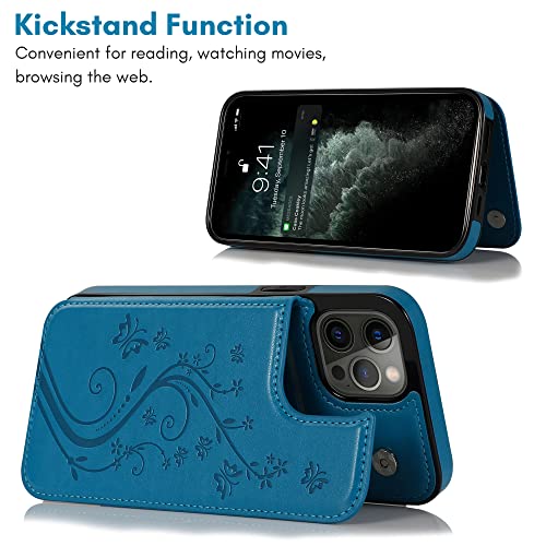 Adirva for iPhone 13 Pro Max Wallet Case for Women - Embossed Butterfly Design with Card Holder, Kickstand and Magnetic Closure - TPU Shockproof Cover for iPhone 13 Pro Max 6.7 Inch (Turquoise)