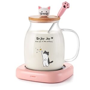 bsigo smart coffee mug warmer & cute cat glass mug set, beverage warmer for desk office, cup warmer plate for milk tea water with two temperature setting(up to 140℉/ 60℃), 8 hour auto shut off, clear