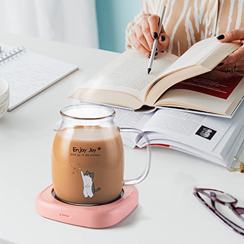 Bsigo Smart Coffee Mug Warmer & Cute Cat Glass Mug Set, Beverage Warmer for Desk Office, Cup Warmer Plate for Milk Tea Water with Two Temperature Setting(Up to 140℉/ 60℃), 8 Hour Auto Shut Off, Clear