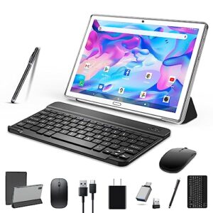 2023 newest 10 inch tablet,2 in 1 tablet with keyboard mouse, android tablet 4g cellular with 2 sim 1 sd-64gb rom sd max 512gb,octa-core,1080 fhd,13mp,gms-zertifizierung,gps/ wifi/ bluetooth(silvery)