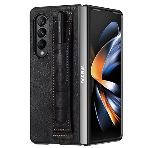 Omio Designed for Samsung Galaxy Z Fold 3 Leather Case with S Pen Holder & Strap, Wrist Strap Leather Back Cover Case Hard PC Shockproof Finger Grip Case for Galaxy Z Fold 3 Men Women Girls, Black