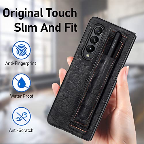 Omio Designed for Samsung Galaxy Z Fold 3 Leather Case with S Pen Holder & Strap, Wrist Strap Leather Back Cover Case Hard PC Shockproof Finger Grip Case for Galaxy Z Fold 3 Men Women Girls, Black