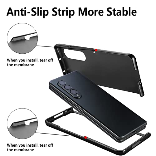 Omio Designed for Samsung Galaxy Z Fold 3 Leather Case with S Pen Holder & Strap, Wrist Strap Leather Back Cover Case Hard PC Shockproof Finger Grip Case for Galaxy Z Fold 3 Men Women Girls, Black