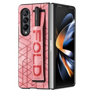 omio designed for samsung galaxy z fold 3 leather case with s pen holder & strap, wrist strap leather back cover case hard pc shockproof finger grip case for galaxy z fold 3 men women girls, pink