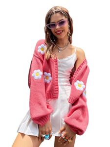 sweatyrocks women's v neck button front cardigan sweater cute floral print coat outerwear watermelon pink s