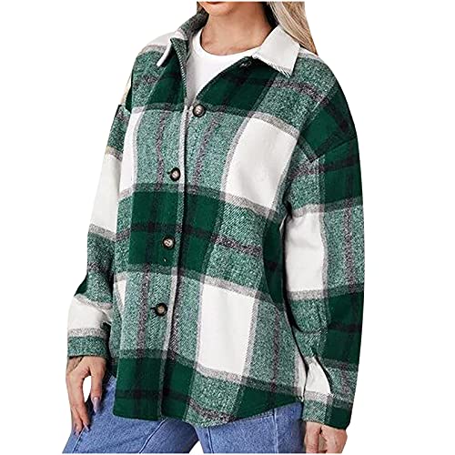 TIFZHADIAO Womens Button Down Wool Blend Coat 2022 Fall Plaid Shacket Casual Lapel Brushed Jackets Outwear with Pockets