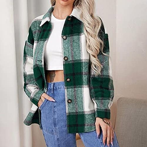 TIFZHADIAO Womens Button Down Wool Blend Coat 2022 Fall Plaid Shacket Casual Lapel Brushed Jackets Outwear with Pockets