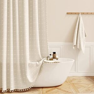 bttn boho farmhouse shower curtain - linen rustic heavy duty fabric shower curtain set with tassel, water repellent, modern bohemian french country thick bathroom shower curtains - cream/beige, 72x72