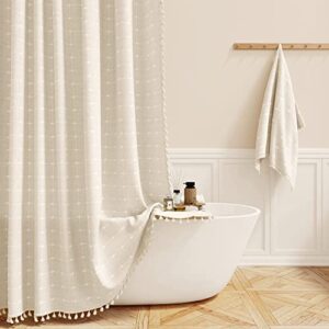 BTTN Boho Farmhouse Shower Curtain - Linen Rustic Heavy Duty Fabric Shower Curtain Set with Tassel, Water Repellent, Modern Bohemian French Country Thick Bathroom Shower Curtains - Cream/Beige, 72x72