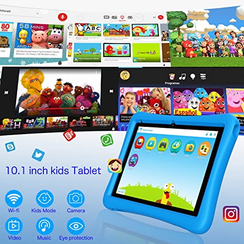 BYANDBY Kids Tablet 10 inch, Android Tablet for Kids, IPS HD Display 1280 X 800, 2GB+32GB ROM, Games, Wi-Fi, Parental Control, Dual Cameras, Tablet Silicone Case, Gift for Boys（Blue）