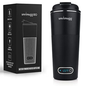 smrtmugg go heated coffee mug, travel mug, 13.5 oz. smart mug, battery powered heated coffee mug, great for coffee and tea, snap on magnetic charging cord (black)