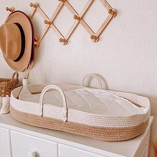 Baby Changing Basket, Portable Cotton Moses Basket for Babies, Nursery Set with Waterproof Leather Pad,Thick Diaper Changing Pad, Leaf Shape Cushion,Storage Bag, Cotton Rope, Changing Table Topper