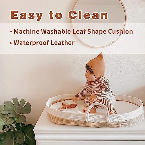 Baby Changing Basket, Portable Cotton Moses Basket for Babies, Nursery Set with Waterproof Leather Pad,Thick Diaper Changing Pad, Leaf Shape Cushion,Storage Bag, Cotton Rope, Changing Table Topper