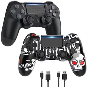 2 pack wireless controller compatible with ps4 controllers, control/remotes works with playstation 4 controller, joystick/gamepad/mando with motors/speaker/charging cable, black and skull black