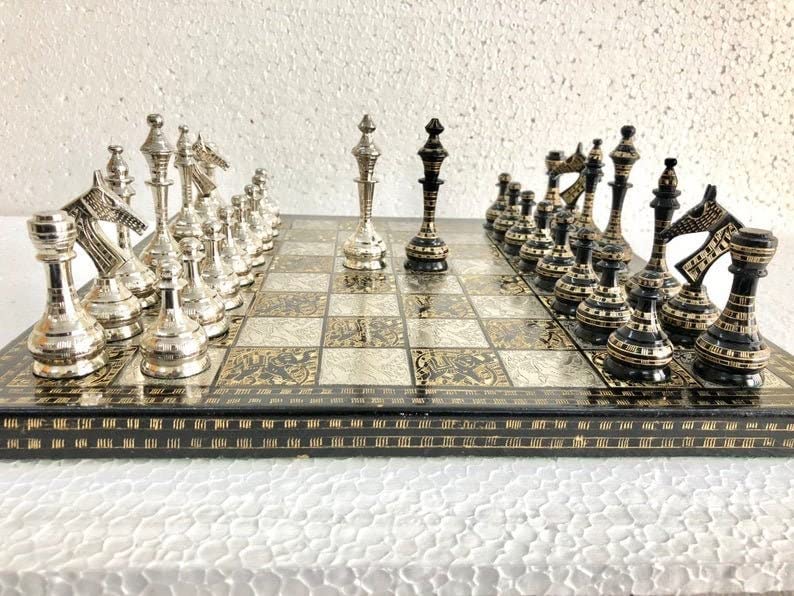 14" Handcrafted Russian Soviet Series Metal Chess Pieces & Board Set with Velvet Storage Box | Brass Metal Luxury Chess Set