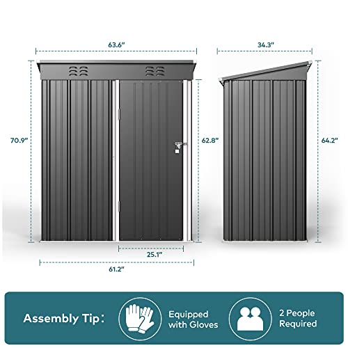 Gizoon 5'x 3'Outdoor Storage Shed with Singe Lockable Door,Galvanized Metal Shed with Air Vent Suitable for The Garden,Tiny House Storage Sheds Outdoor for Backyard Patio Lawn-Dark Gray