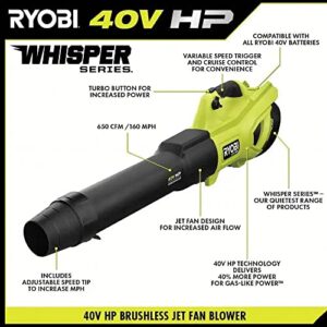 RYOBI 40V HP Brushless Whisper Series 160 MPH 650 CFM Cordless Battery Leaf Blower (Tool Only)