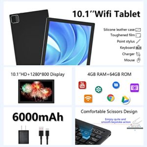 NOVOJOY Tablet 10.1 Inch Android 11 OS, 2 in 1 Tablets, 64GB ROM+4GB RAM, 8MP Camera, Quad Core Processor, 6000mAh Battery, 1280 * 800 FHD, Include Keyboard, Mouse, Case, Stylus, Tempered Film