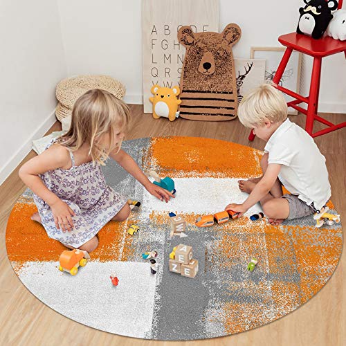 Thanksgiving Rugs Abstract Geometric Graffiti Oil Painting Orange Carpet Non-Slip Area Rug Stain-Proof Accent Area Rug for Bedroom Living Room Home Decoration, 4 Feet Soft Round Carpet Absorbent